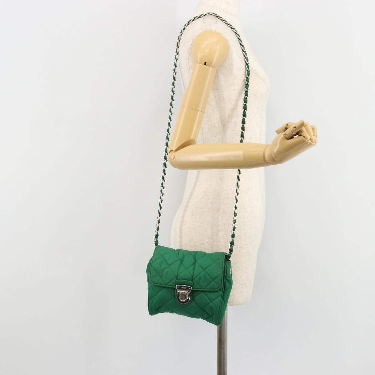PRADA Chain Shoulder Bag Nylon Green Silver Auth 182973A