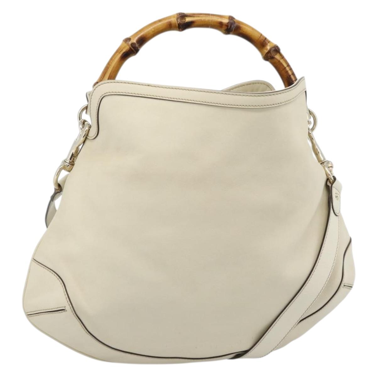GUCCI Bamboo horsebit Shoulder Bag Leather 2way Ivory Gold 169961 Auth 182975