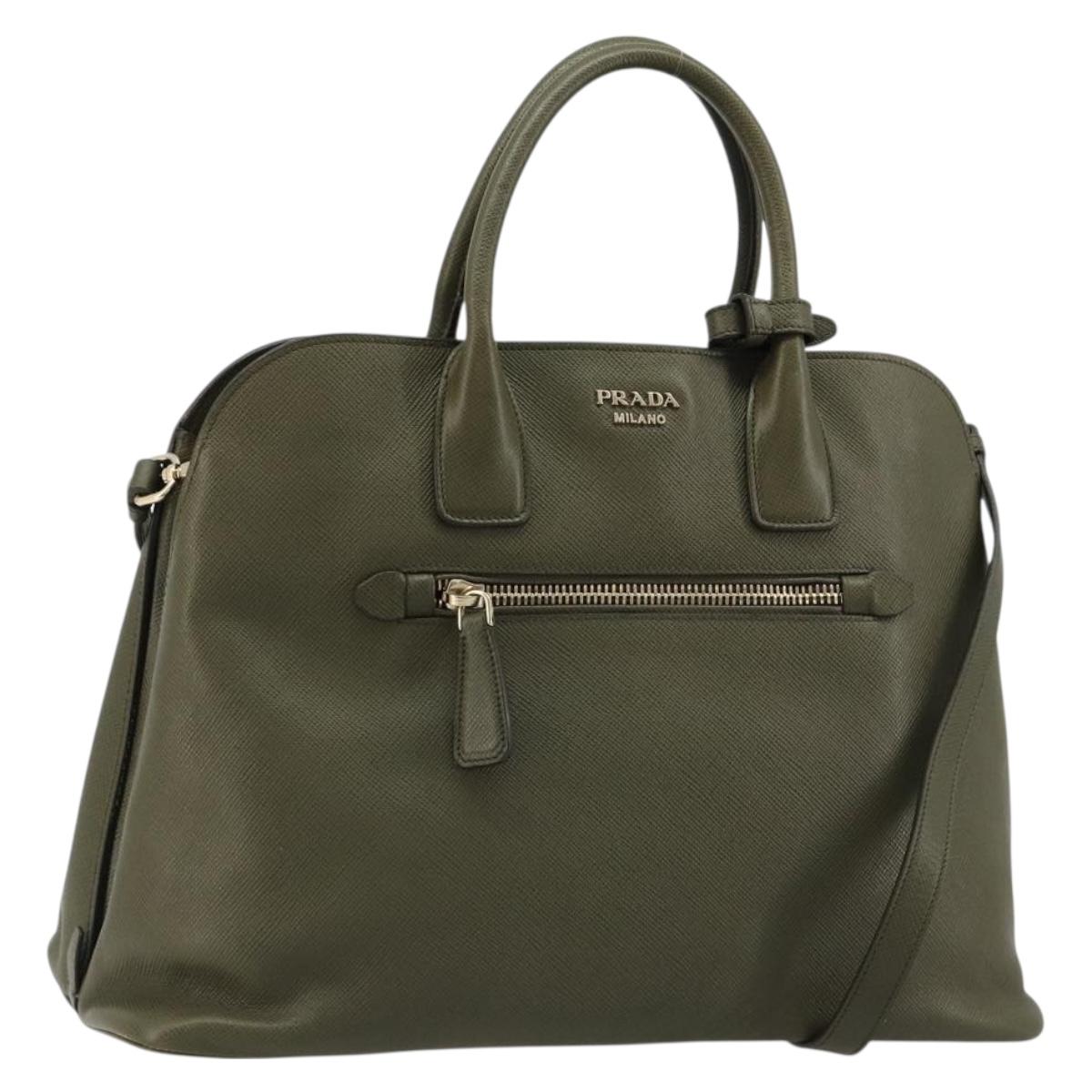 PRADA Cuir Open Promenade Satchel Bag Saffiano 2way Khaki Gold Auth 182976A
