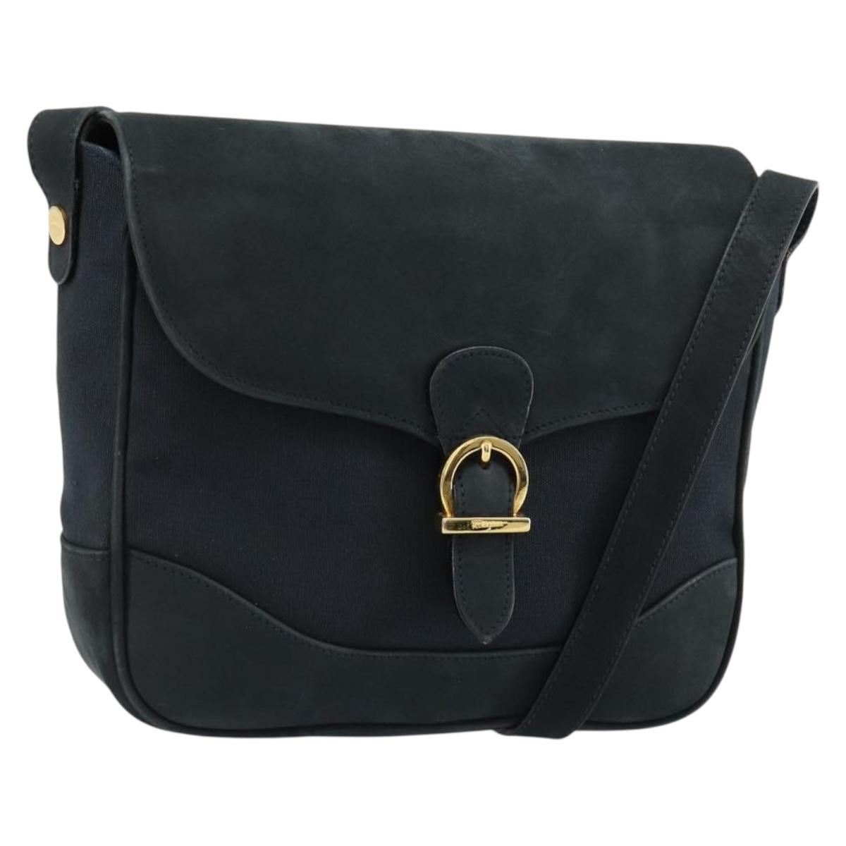 Salvatore Ferragamo Gancini Shoulder Bag Suede Navy Gold Auth 182997