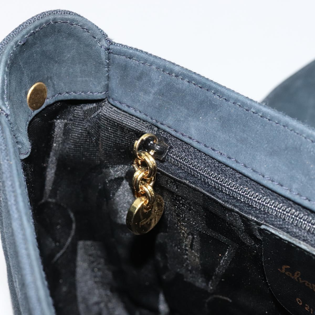 Salvatore Ferragamo Gancini Shoulder Bag Suede Navy Gold Auth 182997