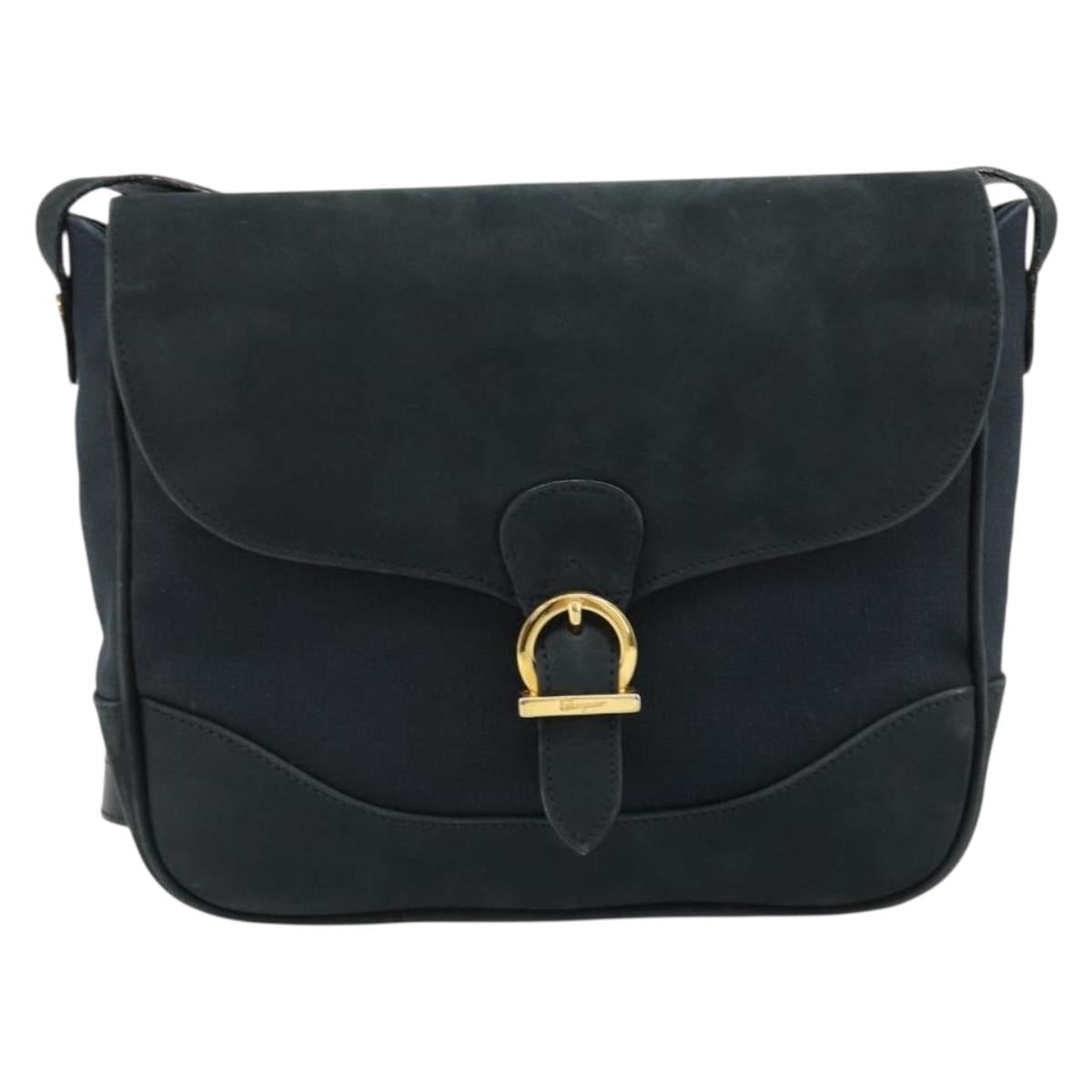 Salvatore Ferragamo Gancini Shoulder Bag Suede Navy Gold Auth 182997