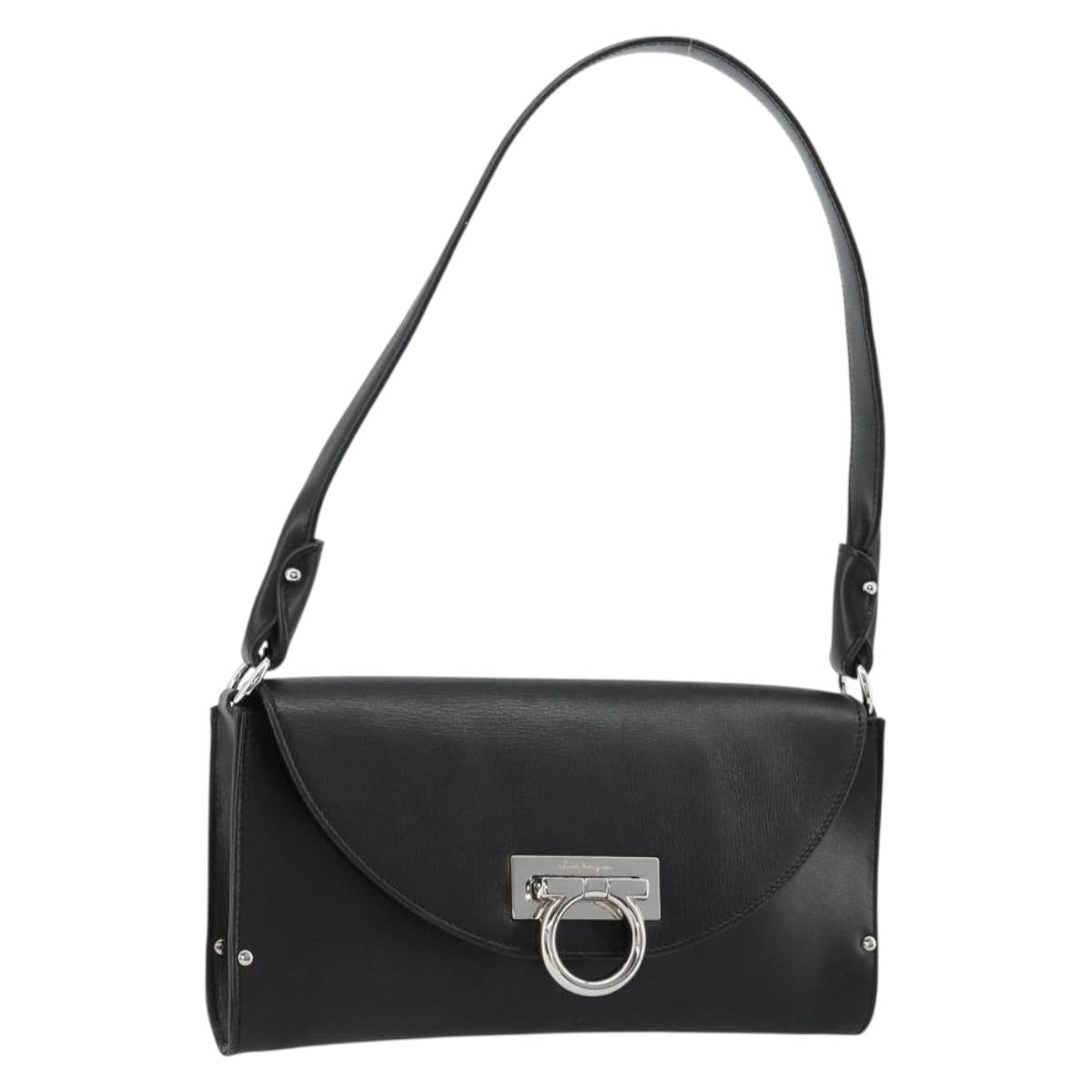 Salvatore Ferragamo Gancini Shoulder Bag Leather Black Silver Auth 182998A