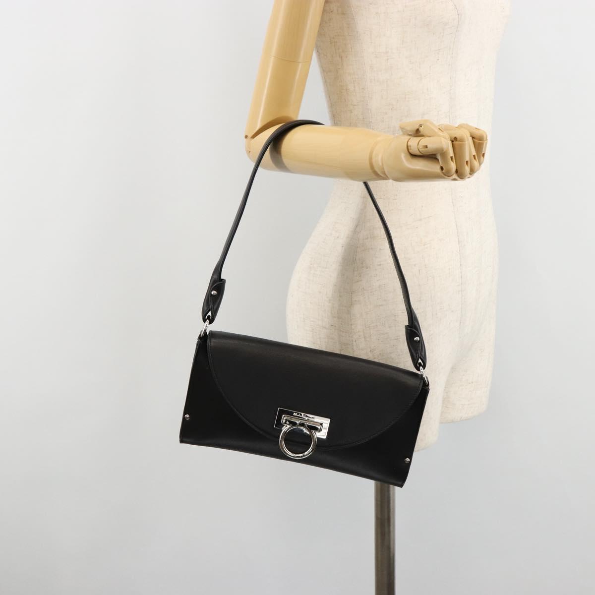 Salvatore Ferragamo Gancini Shoulder Bag Leather Black Silver Auth 182998A