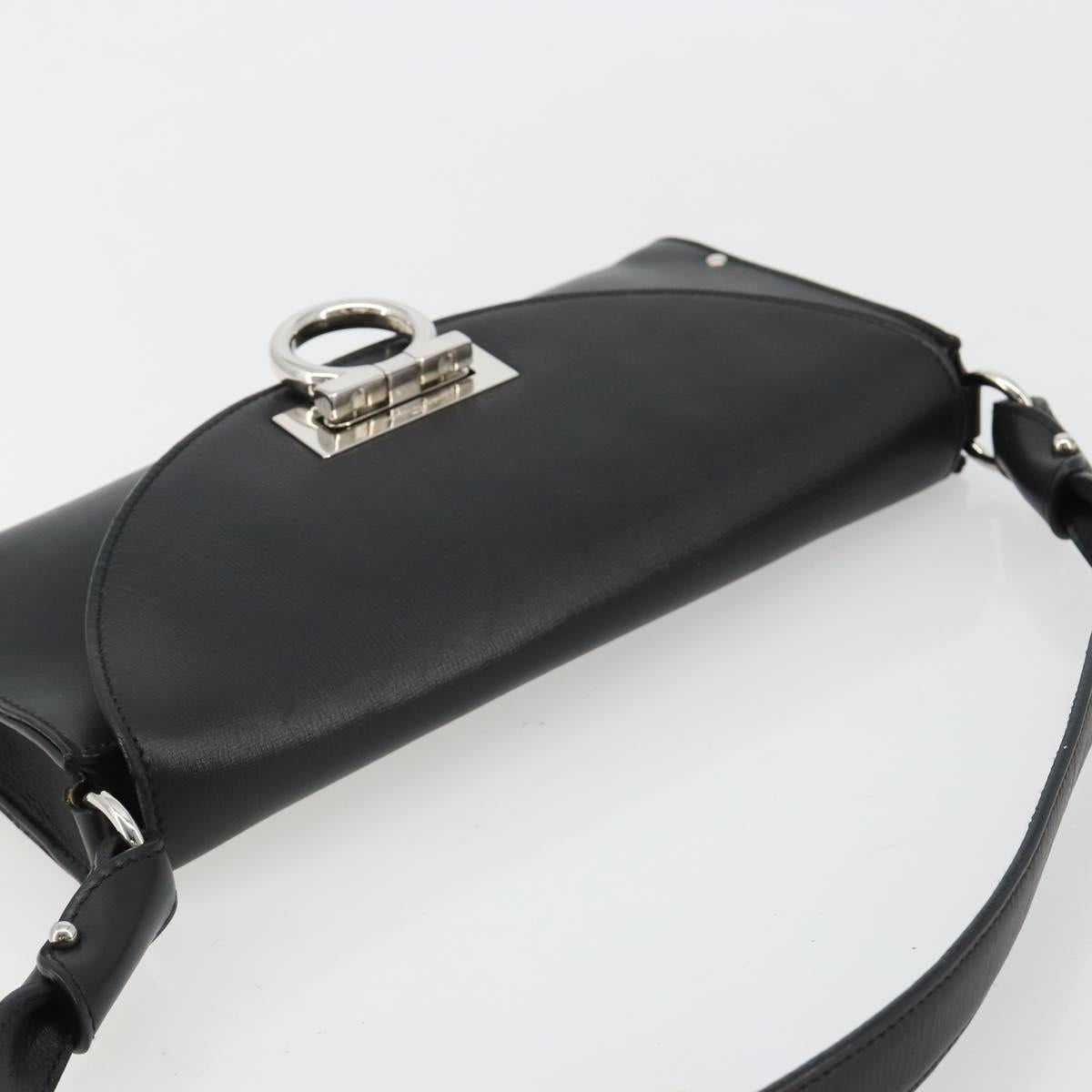 Salvatore Ferragamo Gancini Shoulder Bag Leather Black Silver Auth 182998A