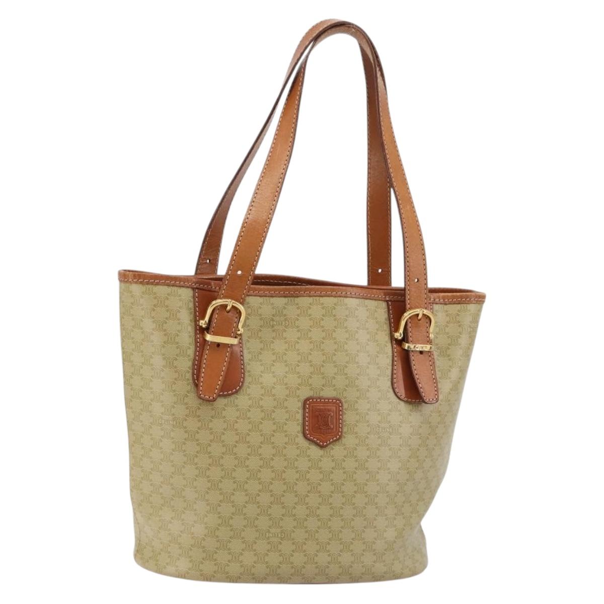CELINE Macadam Canvas Tote Bag PVC Beige Gold Auth 183002