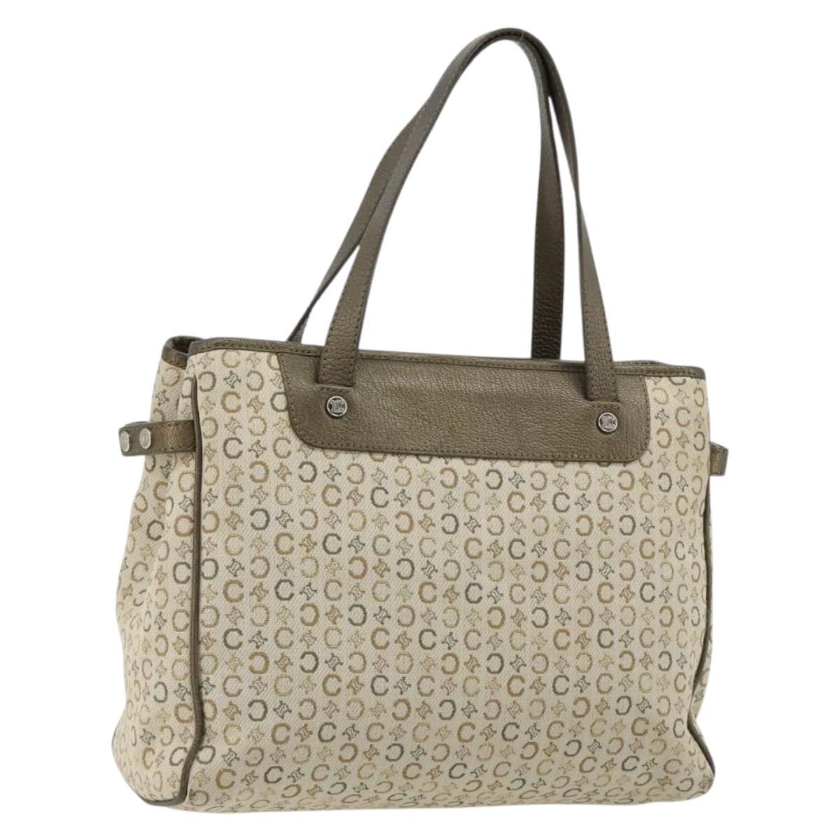 CELINE C Macadam Canvas Hand Bag Leather Beige Silver Auth 183014