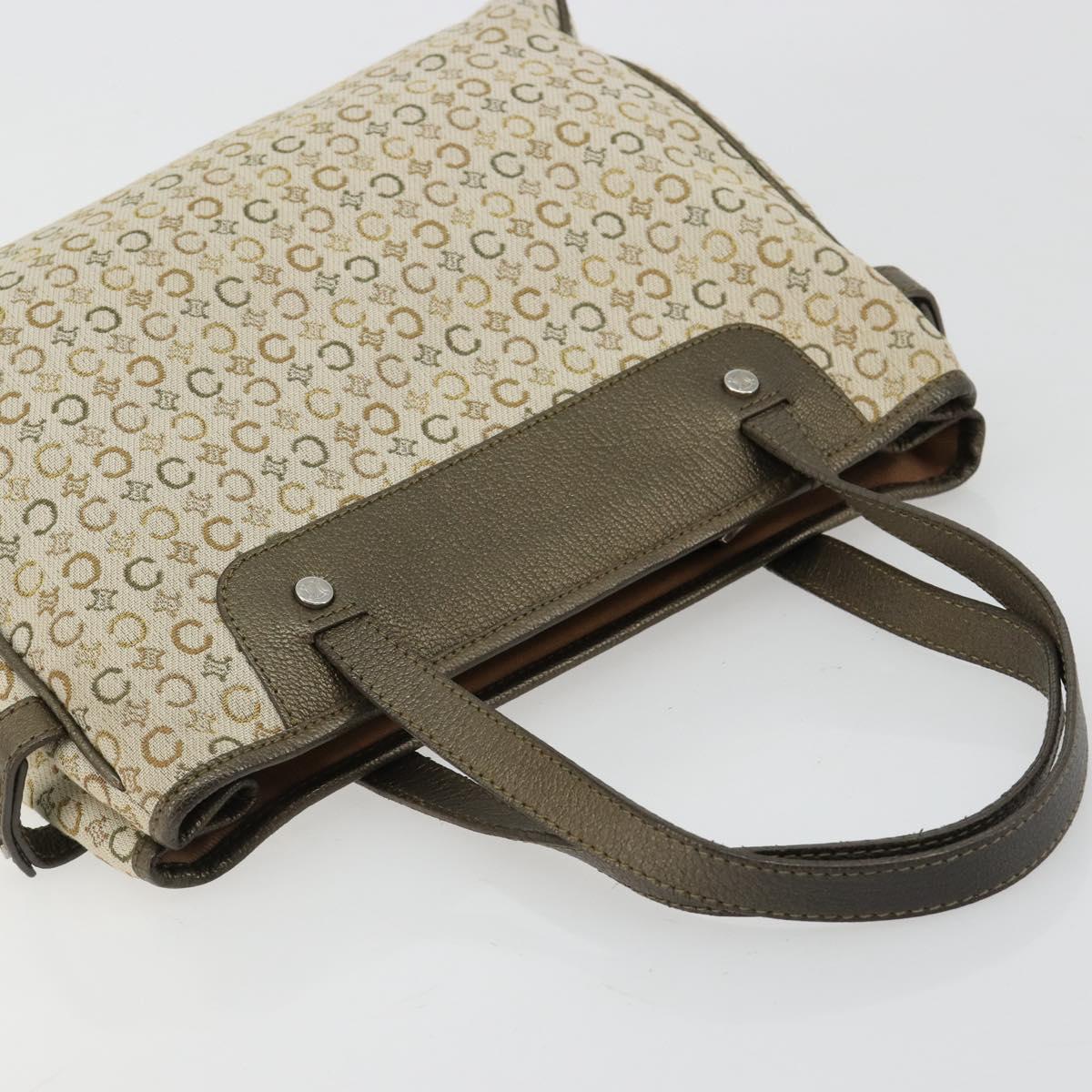 CELINE C Macadam Canvas Hand Bag Leather Beige Silver Auth 183014