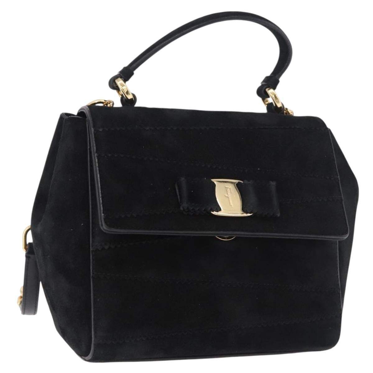 Salvatore Ferragamo Vala Chain Shoulder Bag Suede 2way Black Gold Auth 183018A
