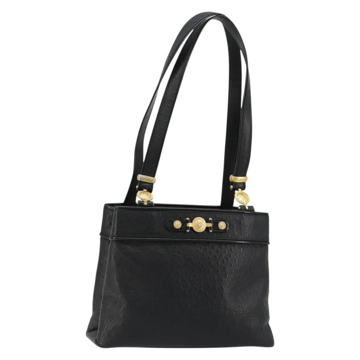 Gianni Versace Shoulder Bag Leather Embossed Black Gold Auth 183020