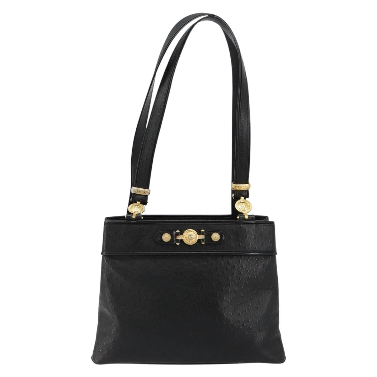 Gianni Versace Shoulder Bag Leather Embossed Black Gold Auth 183020