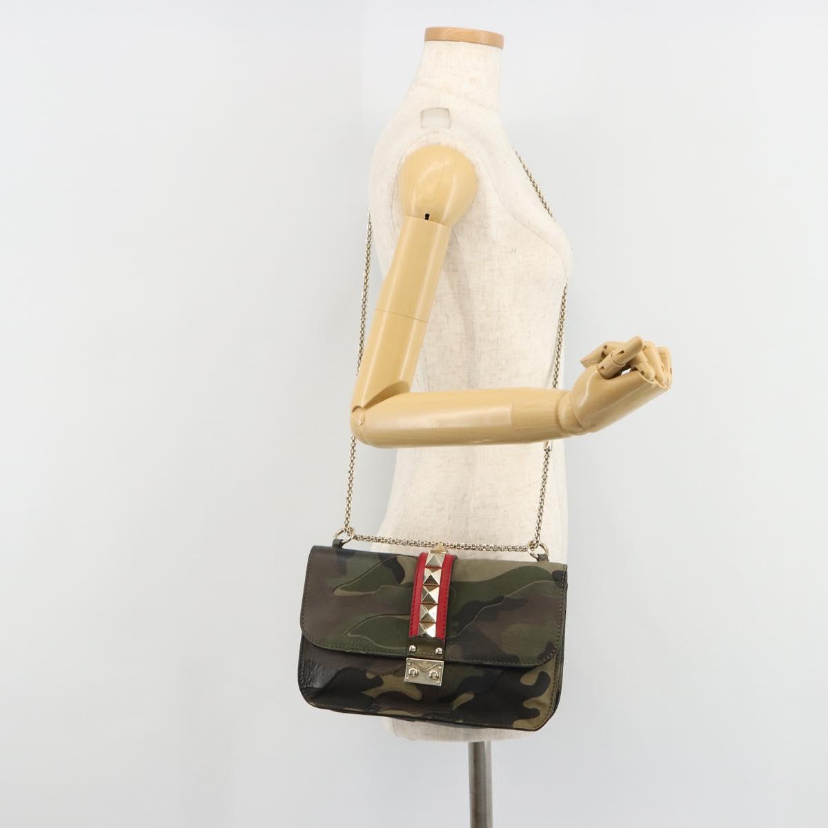 VALENTINO Chain Shoulder Bag Leather Green Gold Auth 183023A