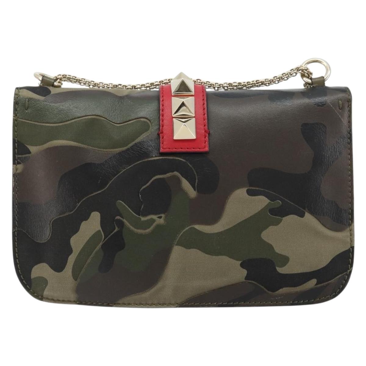 VALENTINO Chain Shoulder Bag Leather Green Gold Auth 183023A