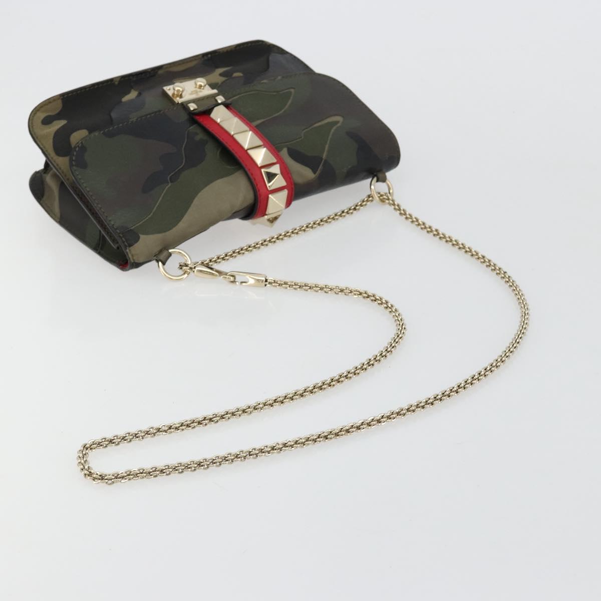 VALENTINO Chain Shoulder Bag Leather Green Gold Auth 183023A