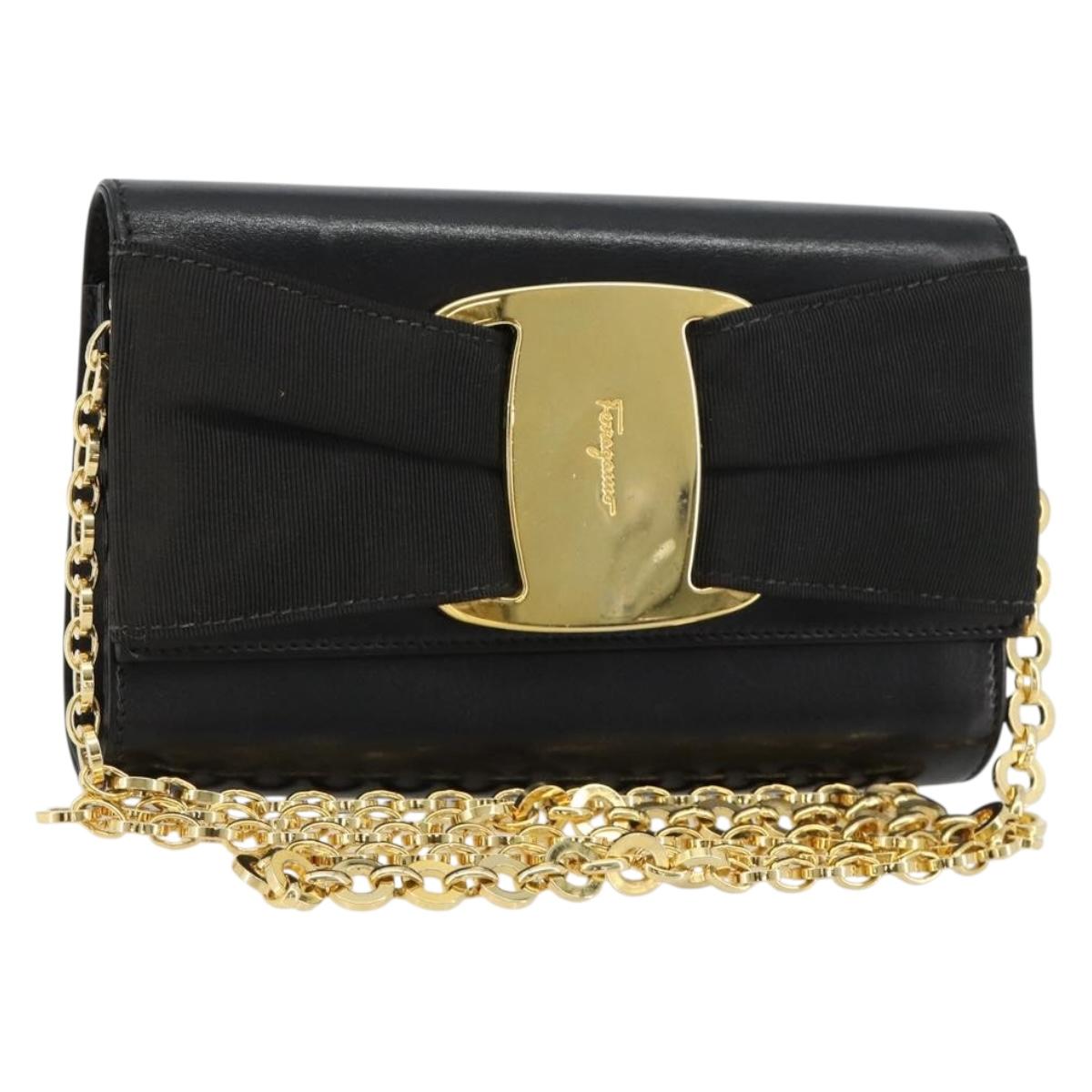 Salvatore Ferragamo Vala Chain Shoulder Bag Leather Black Gold Auth 183025