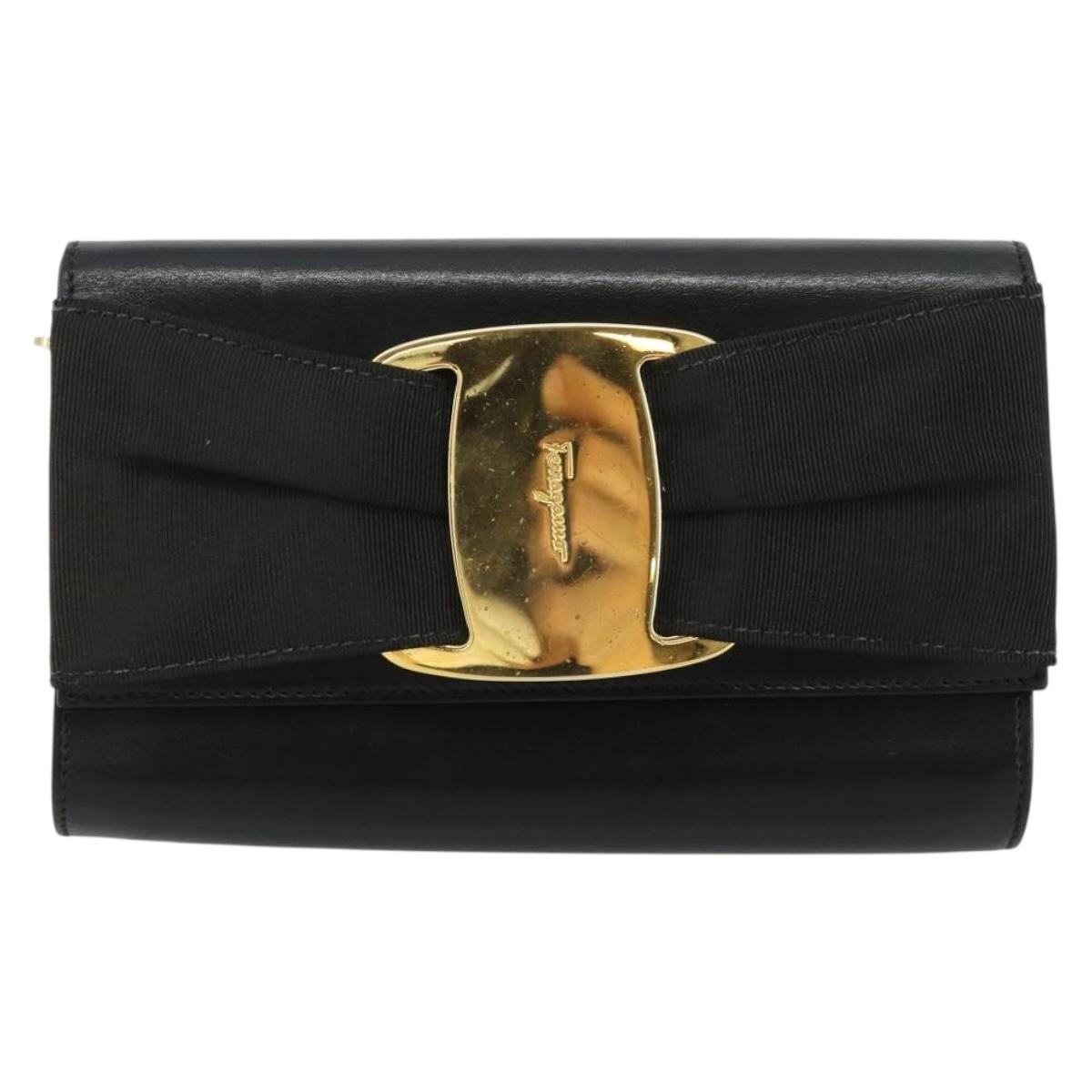 Salvatore Ferragamo Vala Chain Shoulder Bag Leather Black Gold Auth 183025