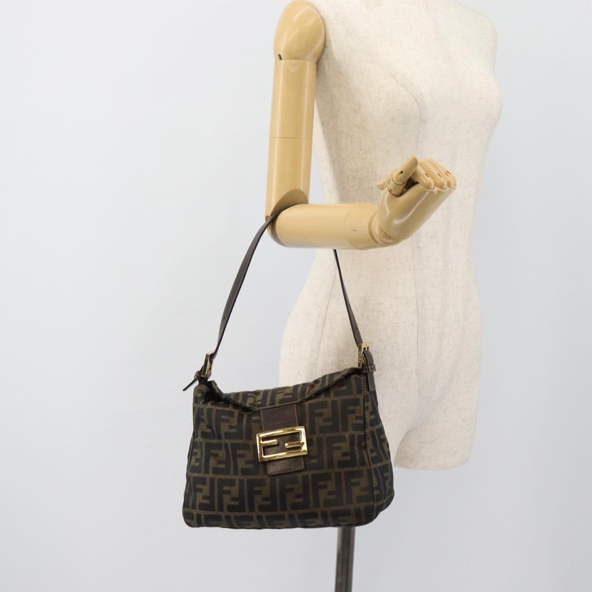 FENDI Zucca Canvas Mamma Baguette Shoulder Bag Black Brown Auth 183031V