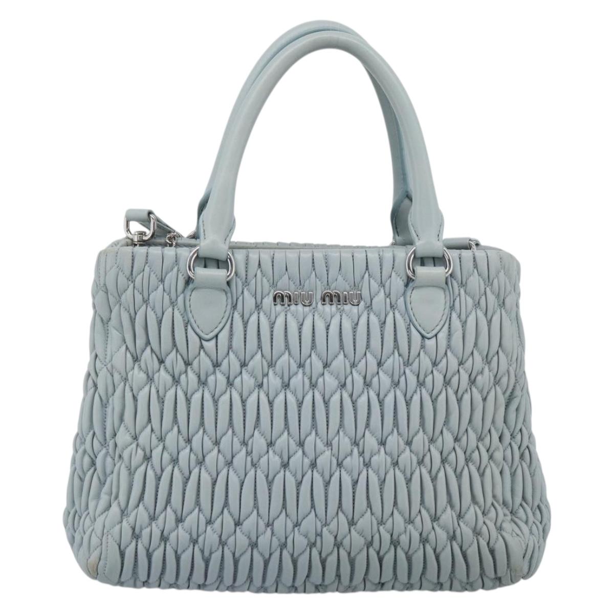 Miu Miu Matelasse Chain Shoulder Bag Leather 2way Silver Light Blue Auth 183039A