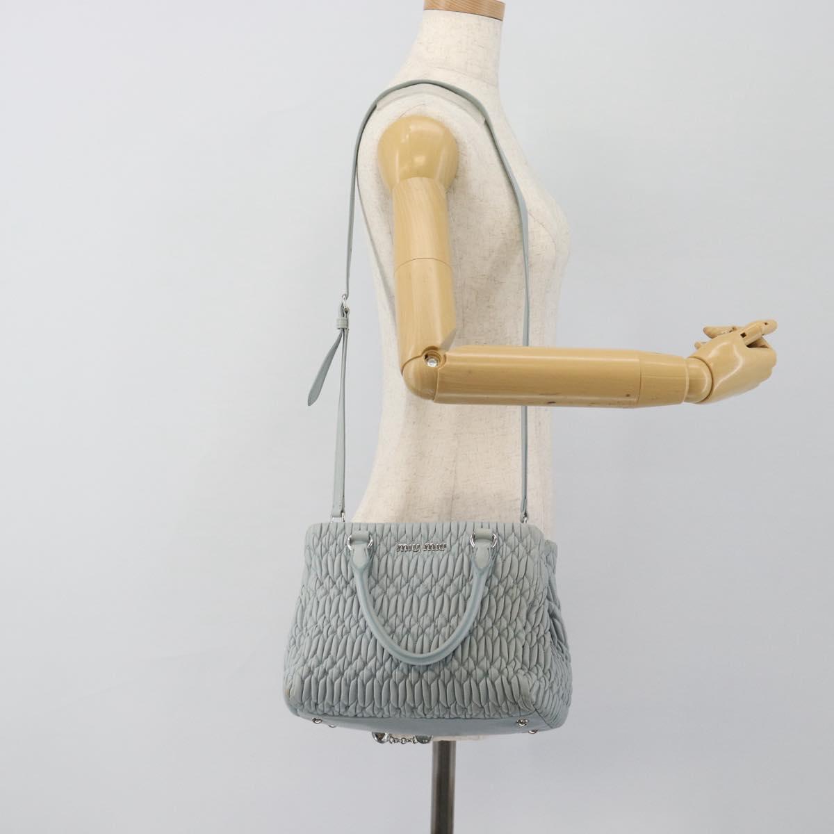 Miu Miu Matelasse Chain Shoulder Bag Leather 2way Silver Light Blue Auth 183039A