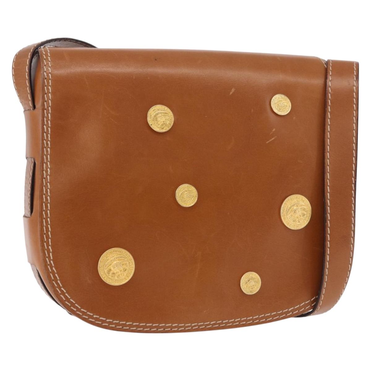 CELINE Medal Shoulder Bag Leather Brown Gold Auth 183053A
