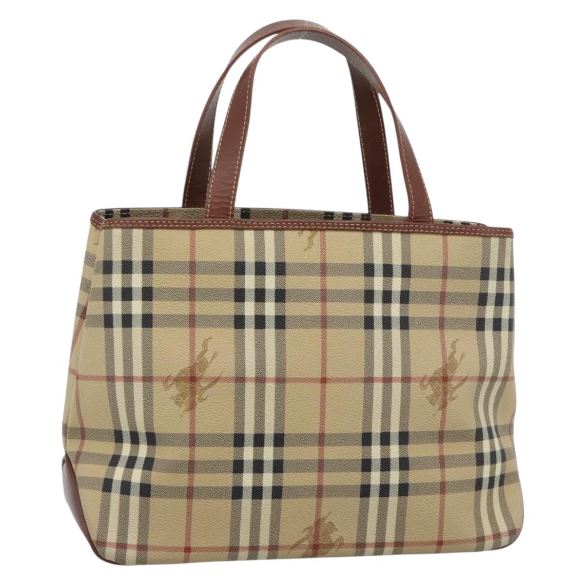 BURBERRY Nova Check Hand Bag PVC Beige Gold Auth 183055V