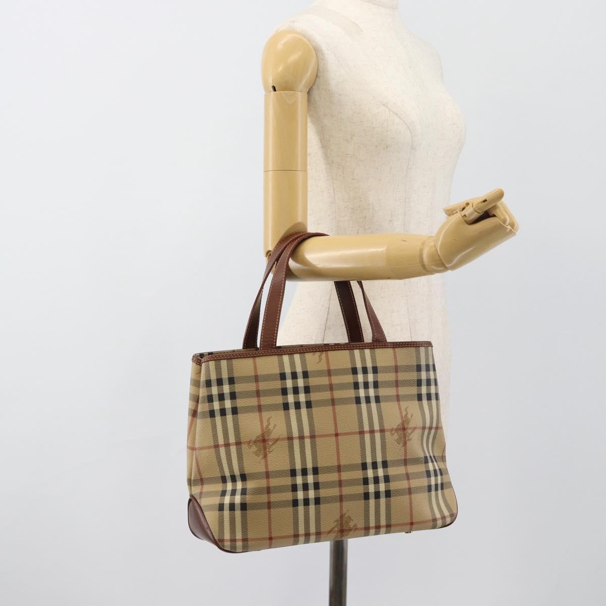 BURBERRY Nova Check Hand Bag PVC Beige Gold Auth 183055V