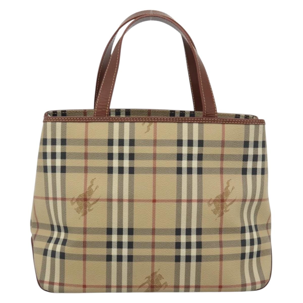 BURBERRY Nova Check Hand Bag PVC Beige Gold Auth 183055V