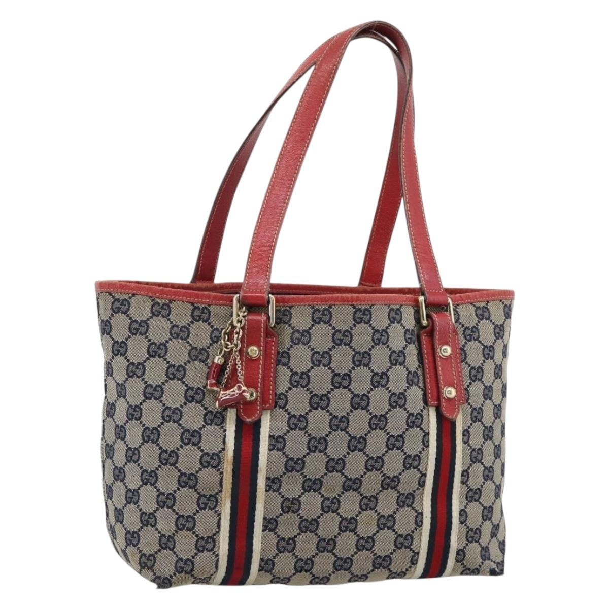 GUCCI GG Canvas Sherry Line Tote Bag Navy Gold 137396 Auth 183069