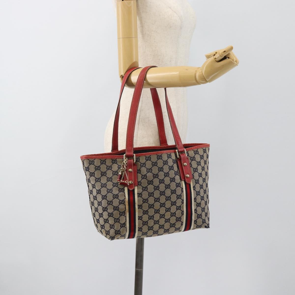 GUCCI GG Canvas Sherry Line Tote Bag Navy Gold 137396 Auth 183069