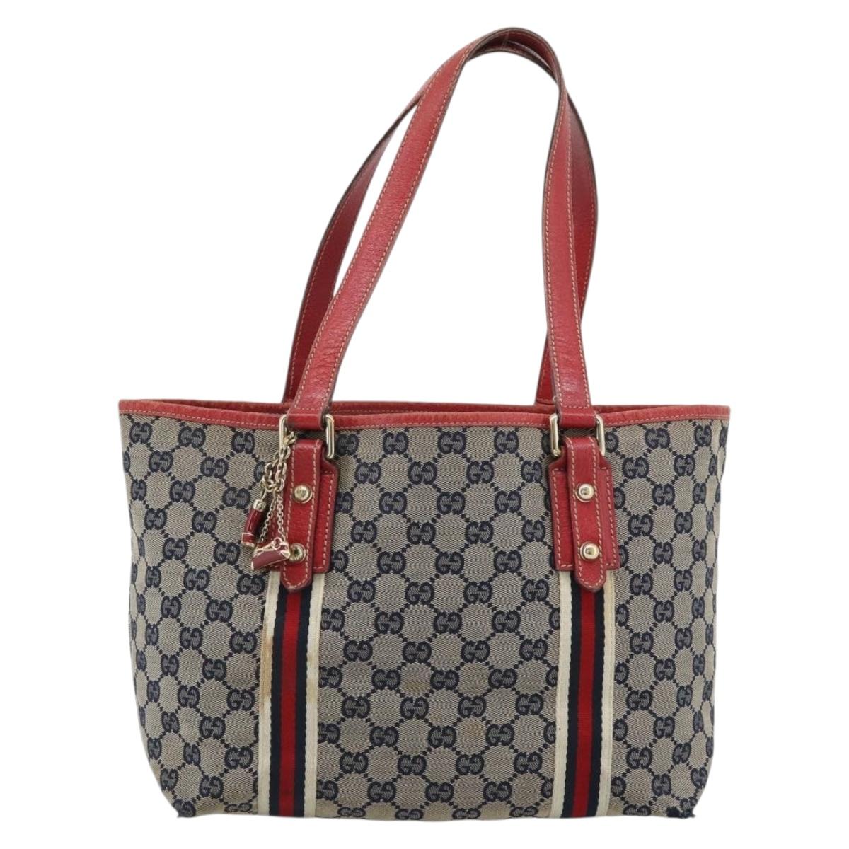 GUCCI GG Canvas Sherry Line Tote Bag Navy Gold 137396 Auth 183069