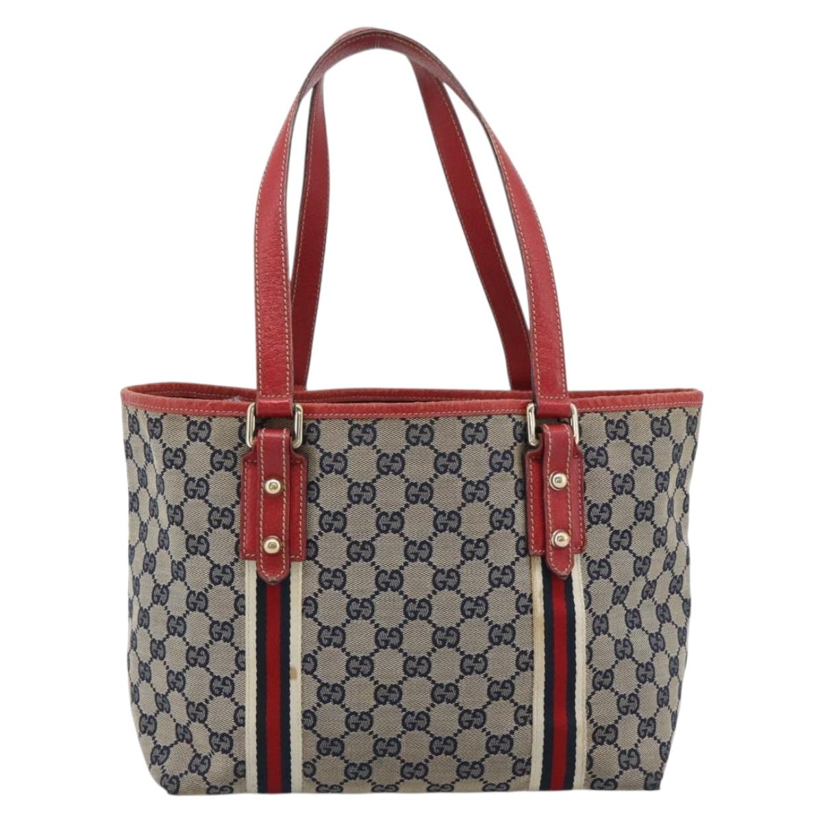 GUCCI GG Canvas Sherry Line Tote Bag Navy Gold 137396 Auth 183069