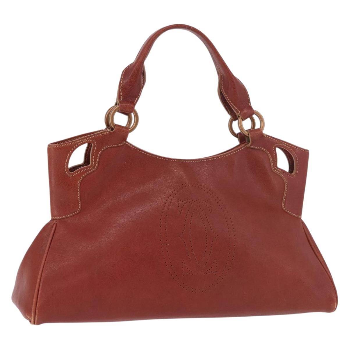 CARTIER Hand Bag Leather Brown Gold Auth 183074A