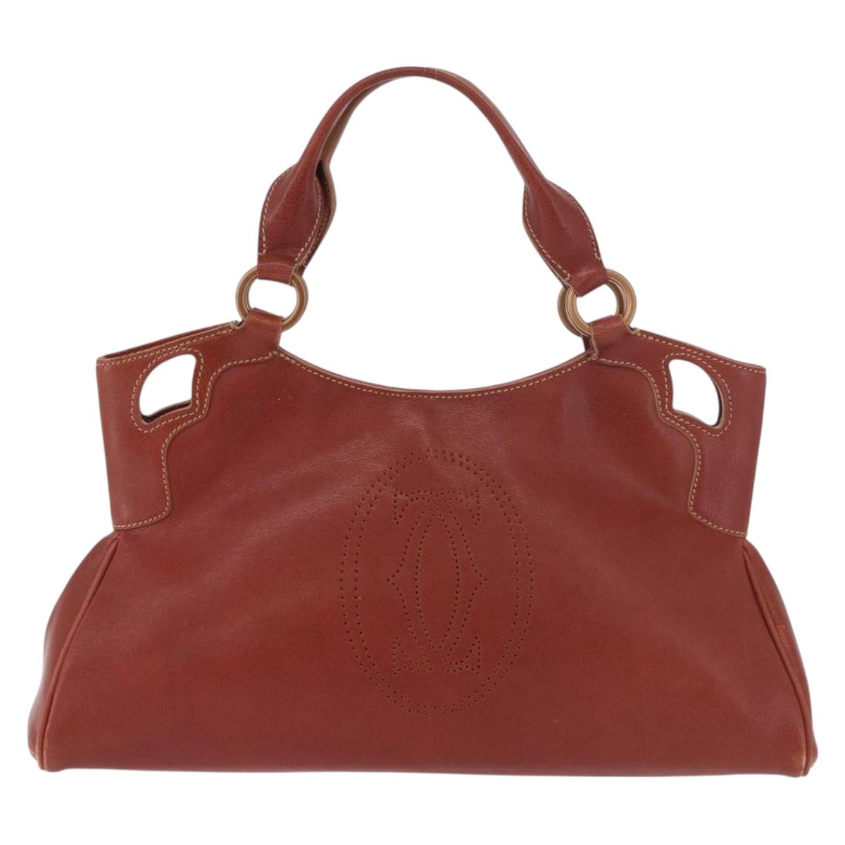 CARTIER Hand Bag Leather Brown Gold Auth 183074A