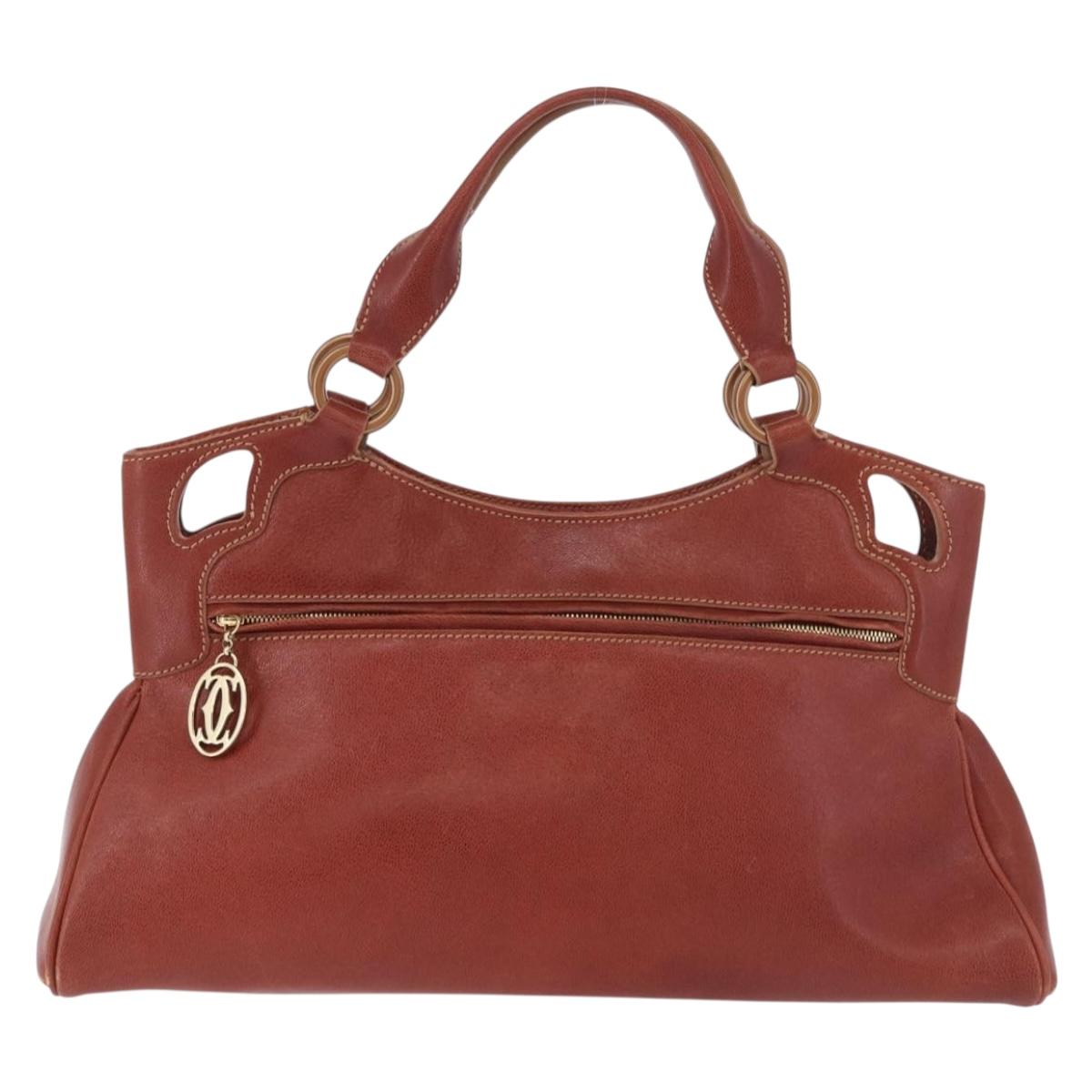 CARTIER Hand Bag Leather Brown Gold Auth 183074A