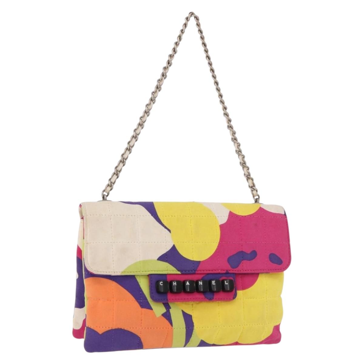 CHANEL Choco Bar Chain Shoulder Bag Cotton Multicolor Silver CC Auth 183077A