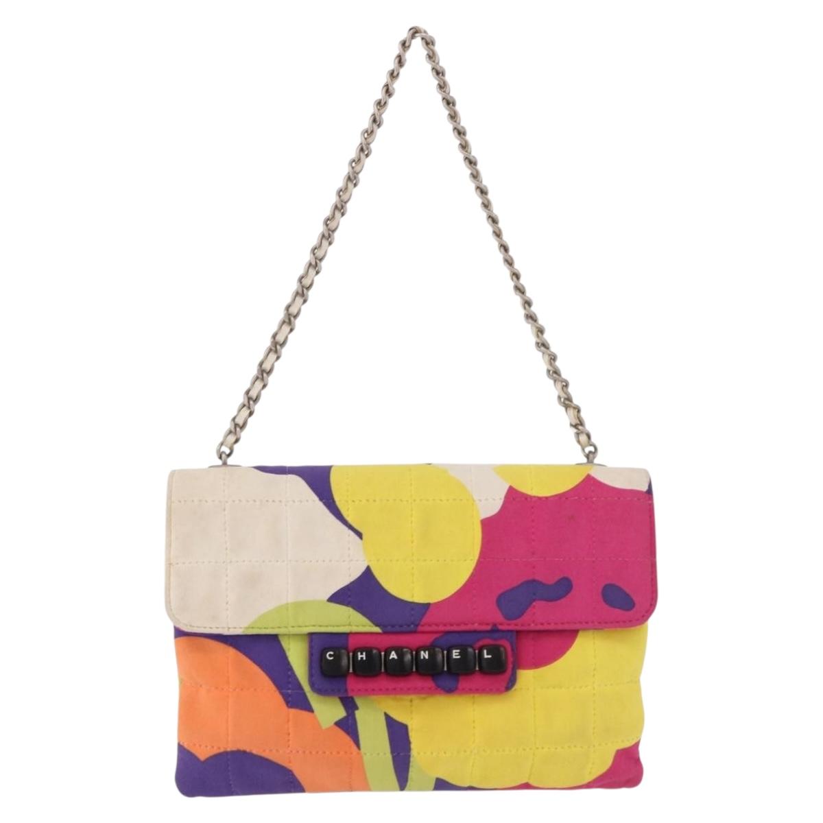 CHANEL Choco Bar Chain Shoulder Bag Cotton Multicolor Silver CC Auth 183077A