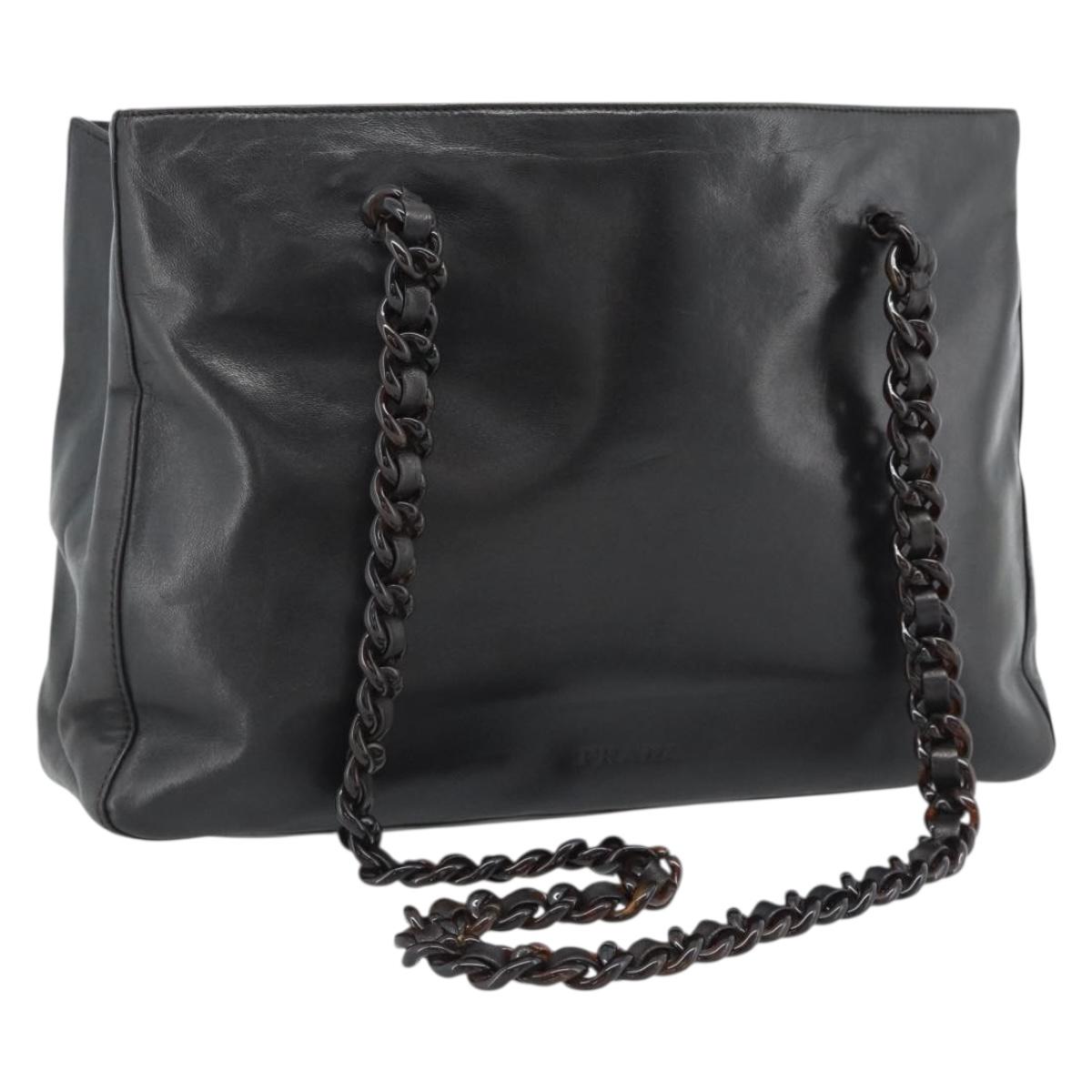 PRADA Plastic Chain Shoulder Tote Bag Leather Brown Silver Auth 183079A