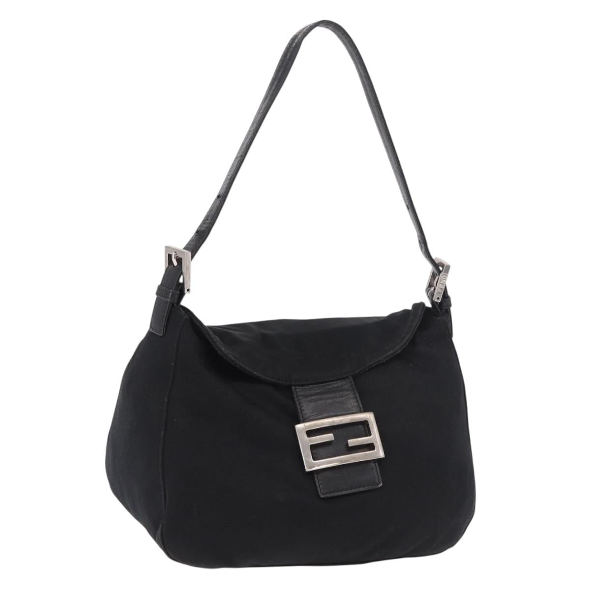 FENDI Mamma Baguette Shoulder Bag Cotton Jersey Black Silver Auth 183088