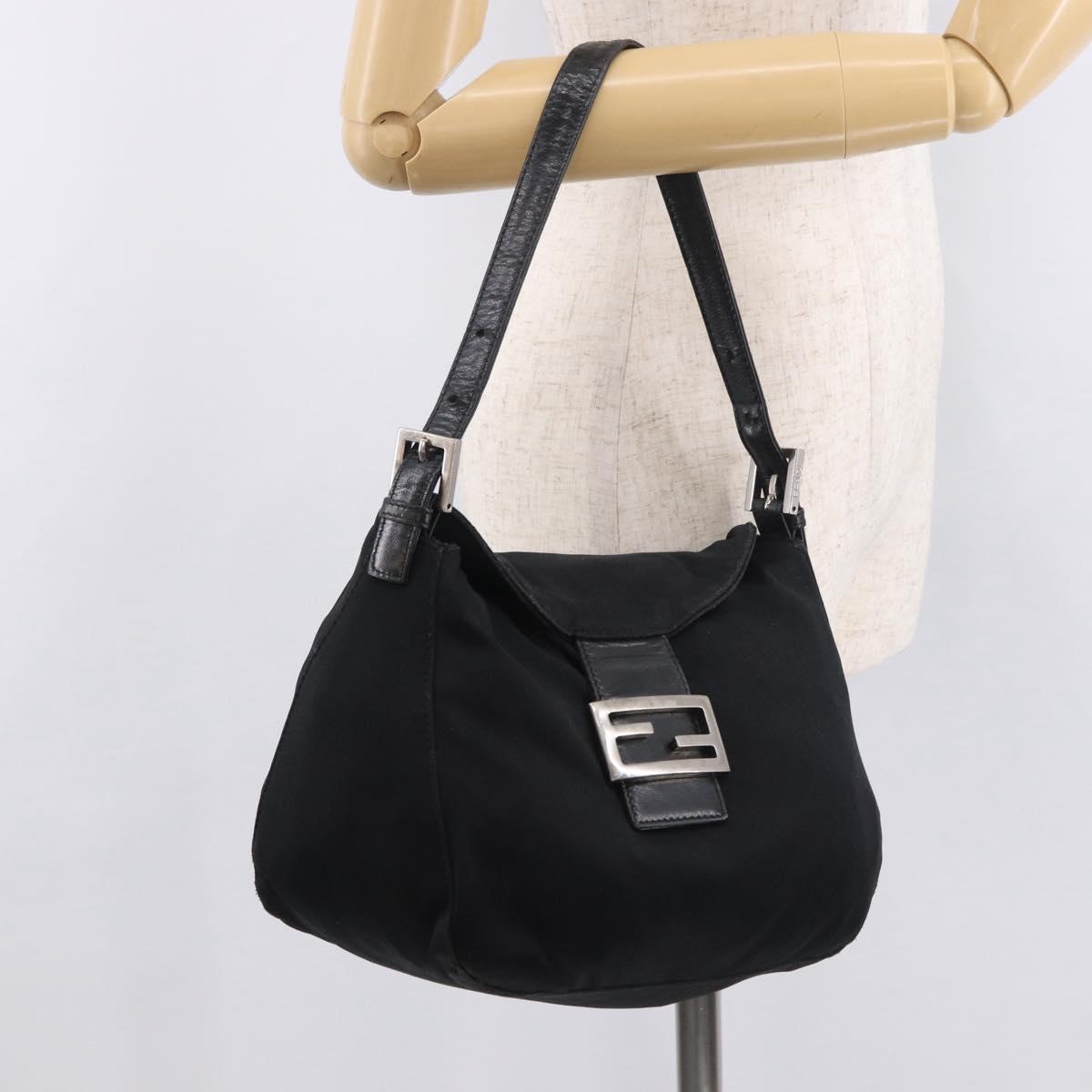 FENDI Mamma Baguette Shoulder Bag Cotton Jersey Black Silver Auth 183088
