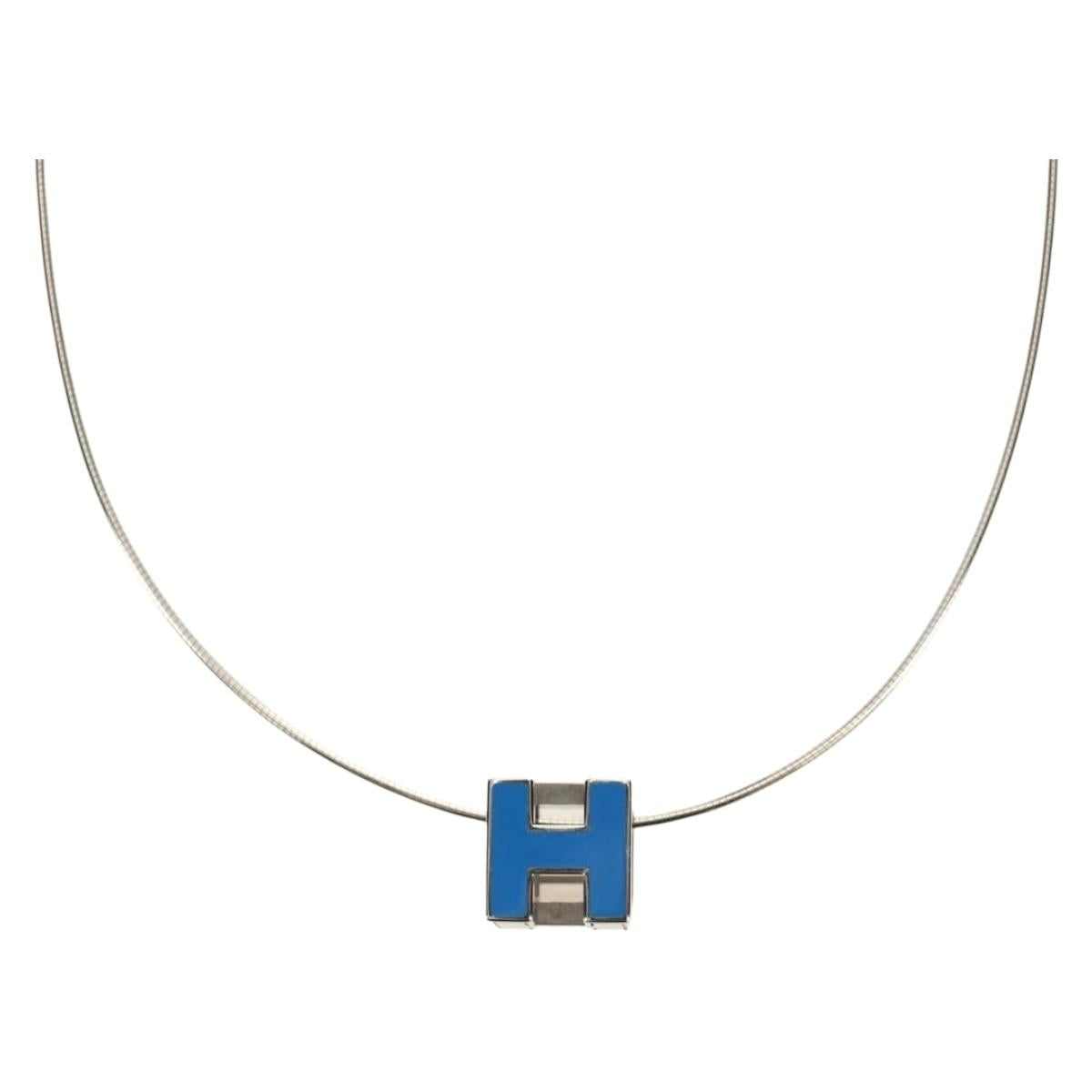 HERMES Cage De H H Cube Necklace metal Silver Auth 183125V
