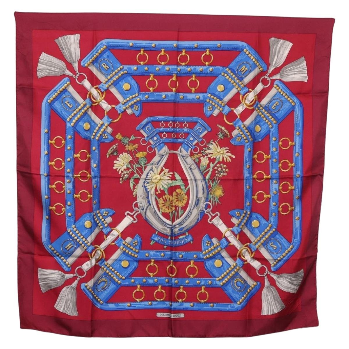HERMES Carre 90 Scarf ""aux champs"" Silk Red Auth 183130