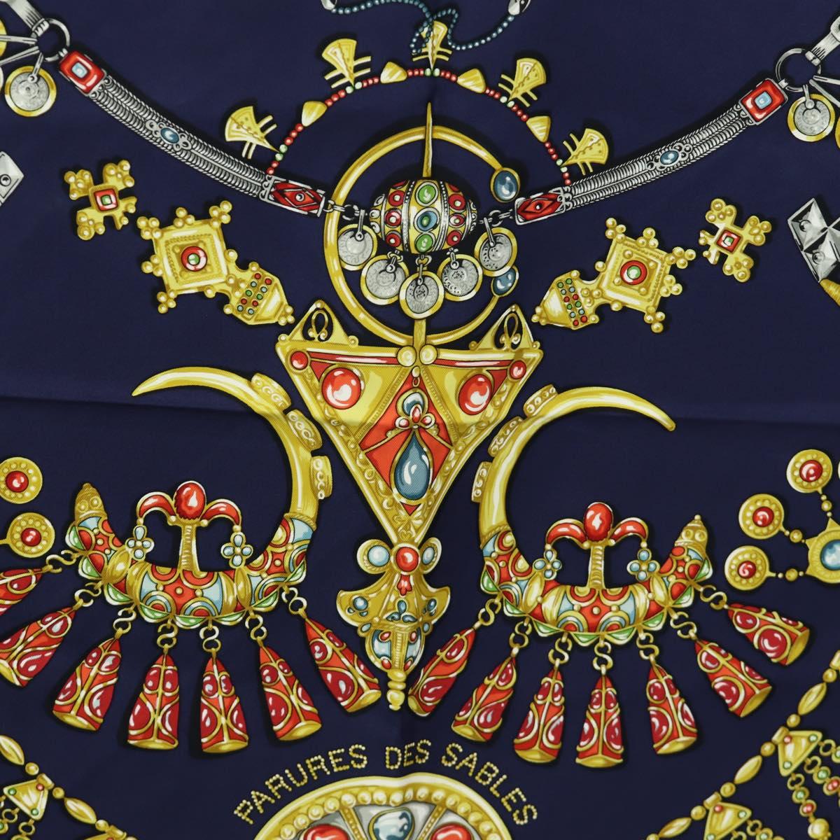 HERMES Carre 90 Scarf ""PARURES DES SABLES"" Silk Navy Auth 183131M