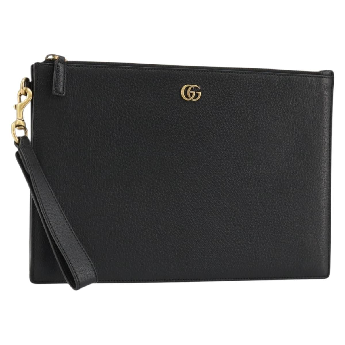 GUCCI GG Marmont Clutch Bag Leather Black Gold 475317 Auth 183138