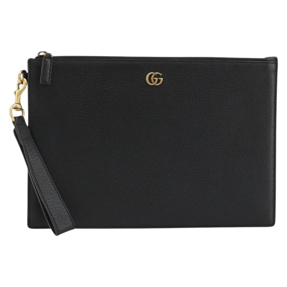 GUCCI GG Marmont Clutch Bag Leather Black Gold 475317 Auth 183138
