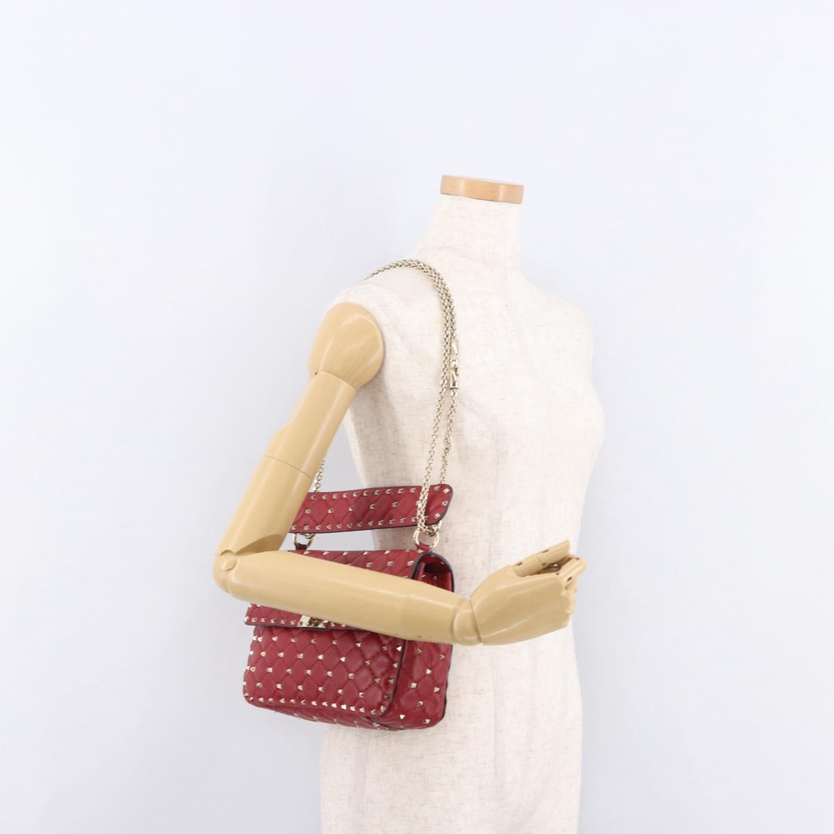 VALENTINO Rock Studs Chain Shoulder Bag Leather 2way Red Gold Auth 183144A