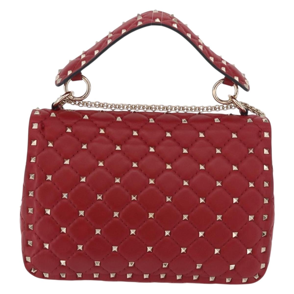 VALENTINO Rock Studs Chain Shoulder Bag Leather 2way Red Gold Auth 183144A