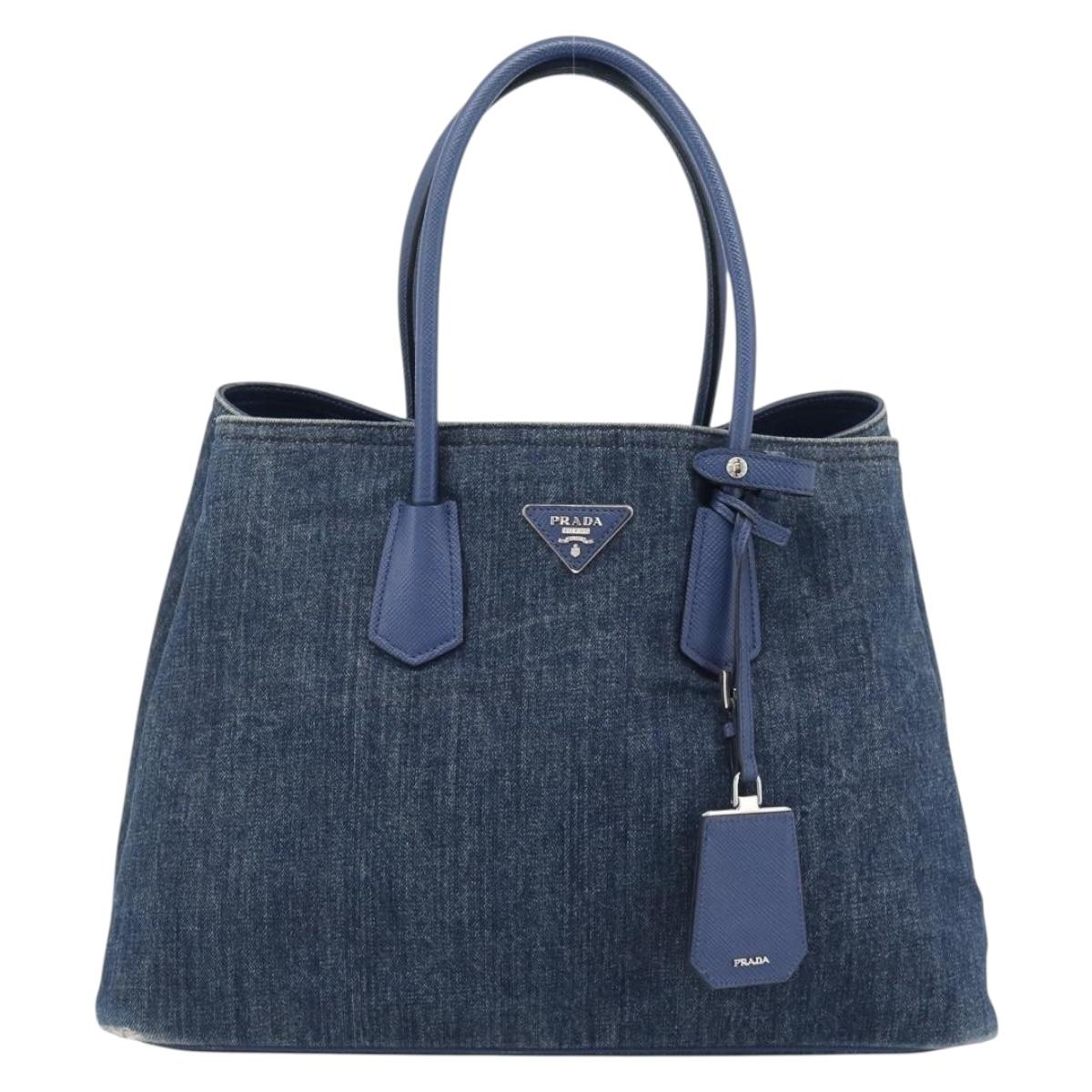 PRADA Tote Bag Denim Blue Silver Auth 183168A