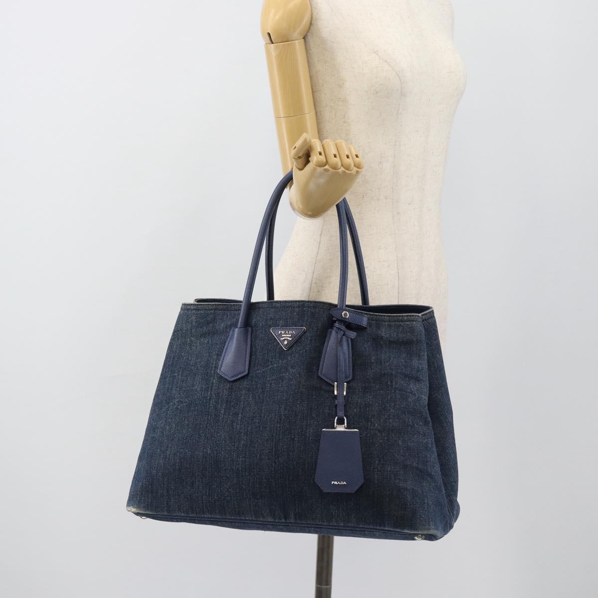 PRADA Tote Bag Denim Blue Silver Auth 183168A