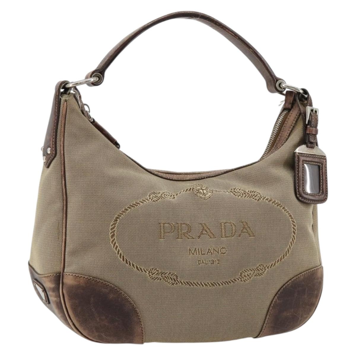 PRADA Shoulder Bag Jacquard Beige Silver Auth 183169