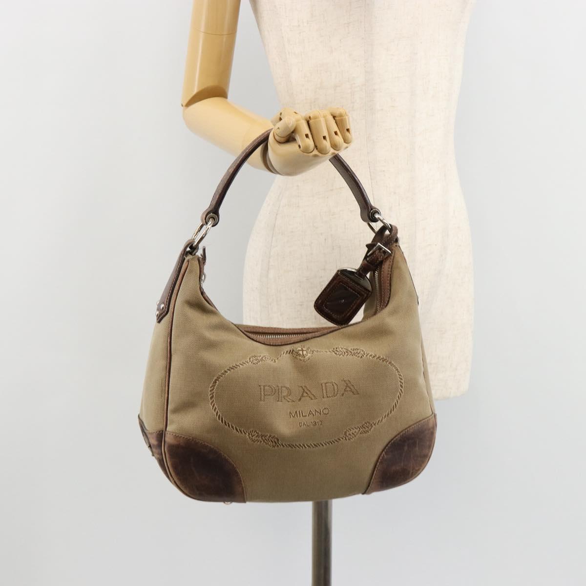 PRADA Shoulder Bag Jacquard Beige Silver Auth 183169